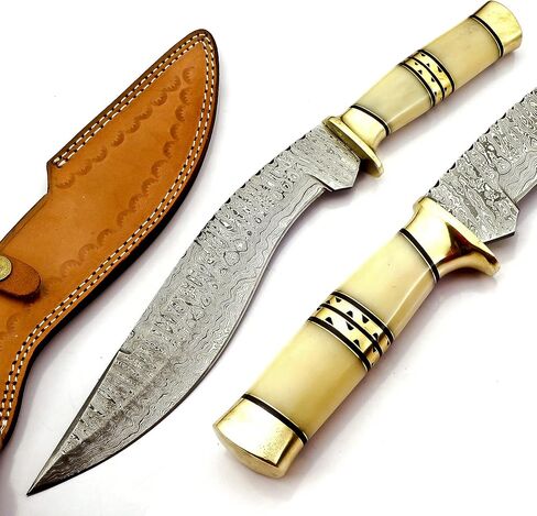 KK-0204 Handmade Kukri Knife Exotic Camel Bone and Brass Handle Damascus Steel Ladder Pattern Razor Sharp blade and Brass Spacer with Leather Sheath 17.5 inches in Kuwait