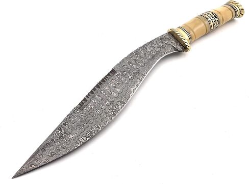 KK-0204 Handmade Kukri Knife Exotic Camel Bone and Brass Handle Damascus Steel Ladder Pattern Razor Sharp blade and Brass Spacer with Leather Sheath 17.5 inches in Kuwait
