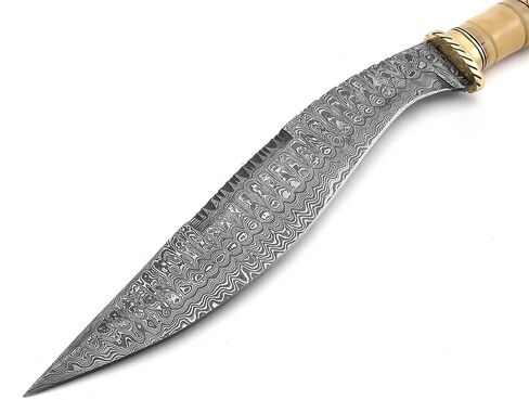 KK-0204 Handmade Kukri Knife Exotic Camel Bone and Brass Handle Damascus Steel Ladder Pattern Razor Sharp blade and Brass Spacer with Leather Sheath 17.5 inches in Kuwait