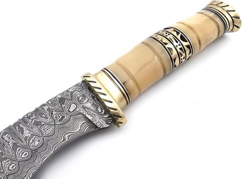 KK-0204 Handmade Kukri Knife Exotic Camel Bone and Brass Handle Damascus Steel Ladder Pattern Razor Sharp blade and Brass Spacer with Leather Sheath 17.5 inches in Kuwait