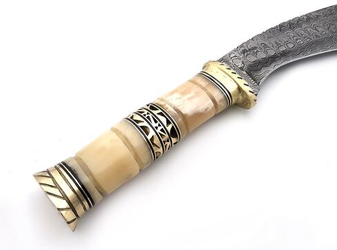 KK-0204 Handmade Kukri Knife Exotic Camel Bone and Brass Handle Damascus Steel Ladder Pattern Razor Sharp blade and Brass Spacer with Leather Sheath 17.5 inches in Kuwait
