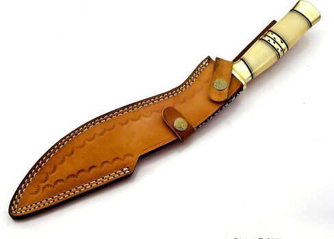 KK-0204 Handmade Kukri Knife Exotic Camel Bone and Brass Handle Damascus Steel Ladder Pattern Razor Sharp blade and Brass Spacer with Leather Sheath 17.5 inches in Kuwait