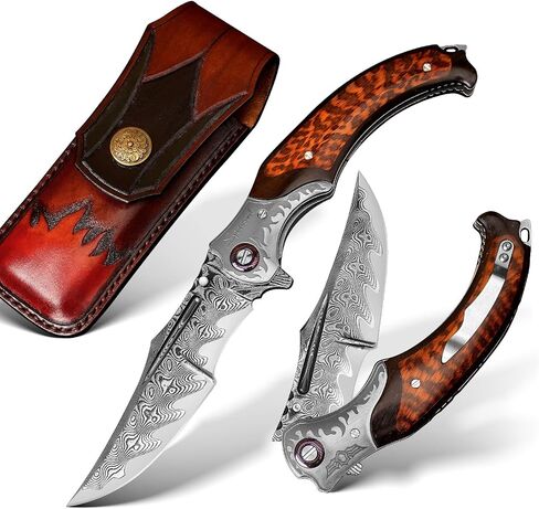 4.6in Damascus steel blade, ebony inlaid with serpentine wood handle with leather pocket folding knife, suitable for camping cutting in Kuwait