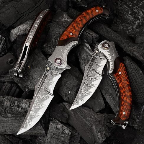 4.6in Damascus steel blade, ebony inlaid with serpentine wood handle with leather pocket folding knife, suitable for camping cutting in Kuwait