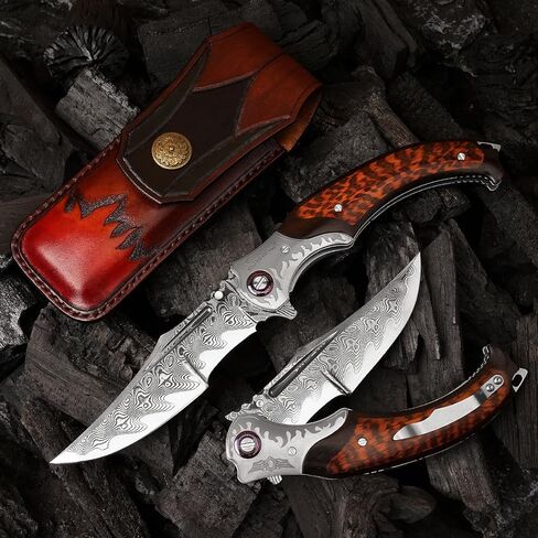4.6in Damascus steel blade, ebony inlaid with serpentine wood handle with leather pocket folding knife, suitable for camping cutting in Kuwait