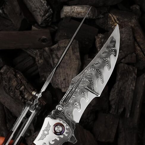 4.6in Damascus steel blade, ebony inlaid with serpentine wood handle with leather pocket folding knife, suitable for camping cutting in Kuwait