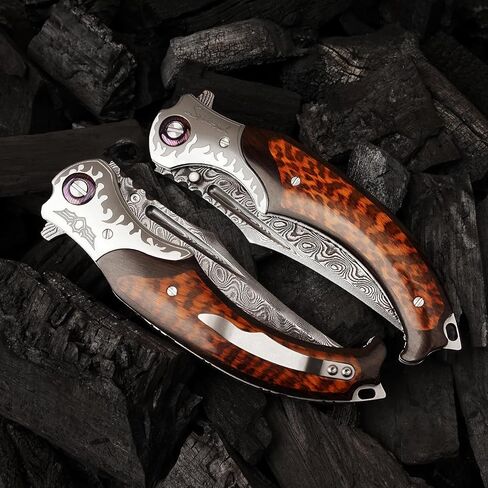 4.6in Damascus steel blade, ebony inlaid with serpentine wood handle with leather pocket folding knife, suitable for camping cutting in Kuwait