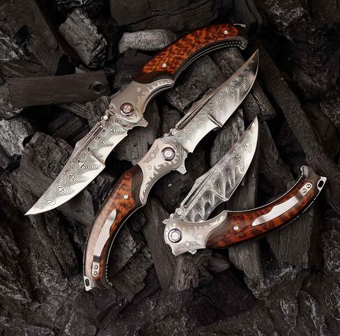 4.6in Damascus steel blade, ebony inlaid with serpentine wood handle with leather pocket folding knife, suitable for camping cutting in Kuwait