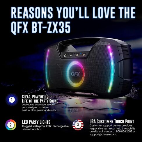 Powerful & Portable Waterproof All Terrain Bluetooth Speaker with Deep Bass, LED Party Lights, Fast USB-C Charging, FM Radio, AUX – QFX BT-ZX35 in Kuwait
