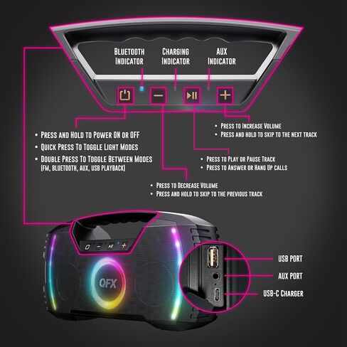 Powerful & Portable Waterproof All Terrain Bluetooth Speaker with Deep Bass, LED Party Lights, Fast USB-C Charging, FM Radio, AUX – QFX BT-ZX35 in Kuwait