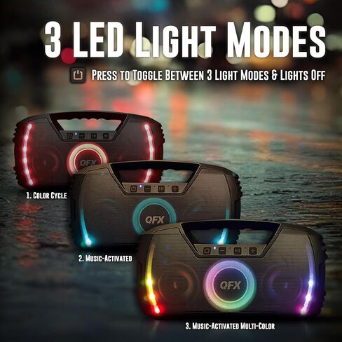 Powerful & Portable Waterproof All Terrain Bluetooth Speaker with Deep Bass, LED Party Lights, Fast USB-C Charging, FM Radio, AUX – QFX BT-ZX35 in Kuwait