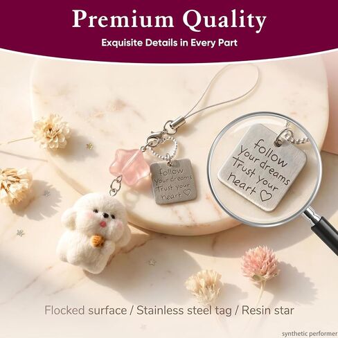 Cute Fluffy Puppy Phone Charm with Lucky Star & Motivational Tag, Adorable Keychain for Bags, Camera & Car Accessories in Kuwait