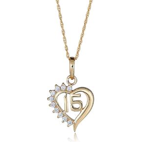 AVORA 10K Yellow Gold Simulated Diamond CZ Quinceanera 15" Anos Heart Pendant Necklace with 18" Chain