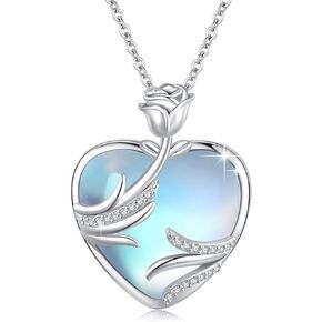 Rose Flower Necklace 925 Sterling Silver Women Necklace, Heart Pendant Moonstone Jewelry Gifts for Women Mom Wife Girls Her Lady Birthday Gifts Mothers Day Gifts Created Gemstone