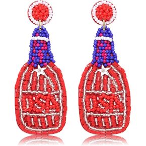 Patriotic Earrings 4 th of July Beaded Earrings Handmade Cute Red White Blue American Flag USA Star Dangle Earrings Independence Day Holiday Gift for Women Girls