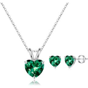 SMILIST S925 Sterling Silver Created Emerald Heart Birthstone Pendant Earrings Set for Women Girls, Valentines Christmas Thanksgiving Birthday Jewelry Gifts