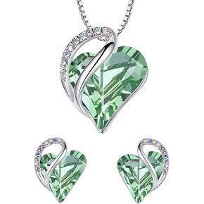 Leafael Infinity Love Heart Necklace and Stud Earrings for Women, August Birthstone Crystal Jewelry, Silver Tone Bundle Gifts for Women, Light Chrysolite Green