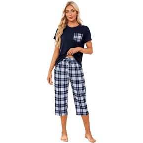 Mchodare Women's Pajamas Set Short Sleeve Sleepwear Tops and Capri Pants Two Piece Pjs Plaid Print Pajama Sets with Pockets