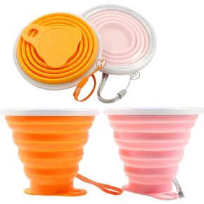 2 Pack Silicone Collapsible Travel Cup Portable Folding Camping Cup Sets with Lids, Pink & Orange