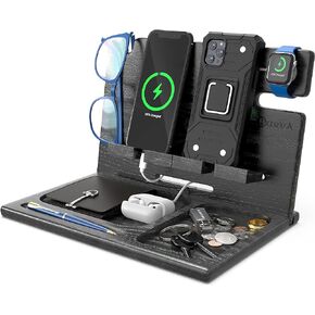 BARVA Gifts for Men Dad Birthday Ideas Wood Docking Station 2 Phone Nightstand Organizer Table Charging Dock Multi Watch Charging Stand Wallet Key Gadget Device Bedside Holder Bedroom Desk Accessories
