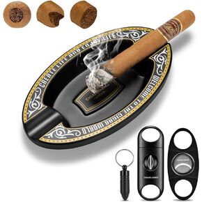 Cigarwong Cigar Ashtray and Cigar Cutter Set Portable Include Sharp Cigar V Cutter Straight Cutter Punch, Cigar Travel Accessories Set for Home Office Indoor and Outdoor Gift for Man(Black)