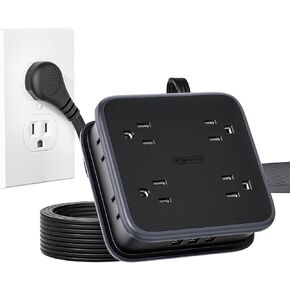 Flat Extension Cord Power Strip with 8 Widely Outlets 3 USB Ports, 6FT Flat Plug Extension Cord with Multiple Outlets, Wall Mounted, Overload Protection, Outlet Extender for Home Office Dorm, Black