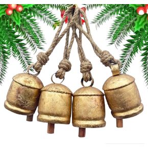 4 inch Giant Harmony Cow Bells Huge Vintage Handmade Rustic Lucky Christmas Hanging Jingle Bells (Country Rustic, Large) Set of 4 Handmade Bells with Jute Rope
