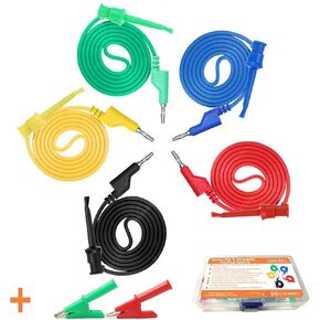 Makeronics 5 قطع من قابس الموز إلى مجموعة كابل خطاف اختبار Minigrabber | قابس موز قابل للتكديس 4 مم | 39.37 بوصة /1 متر أسلاك اختبار كهربائية مرنة 500 فولت/5 أمبير | 5 ألوان | 2 قطعة من مشابك التمساح in Kuwait