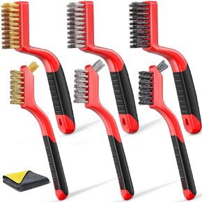 Wire Brush Set, 6-Piece - Nylon/Brass/Stainless Steel Wire Brush/Cleaning Towel with Curved Handle for Rust Removal, Stain Removal and Paint Brush Deep Cleaning - 7-Inch and 8-Inch (Red)