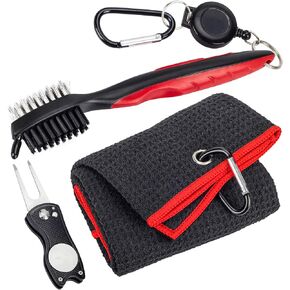 Golf Towel Microfiber Waffle Pattern Golf Towel | Club Groove Cleaner Brush | Foldable Divot Repair Tool with Magnetic Ball Marker, 3 in 1 Golf Cleaning Tool Set