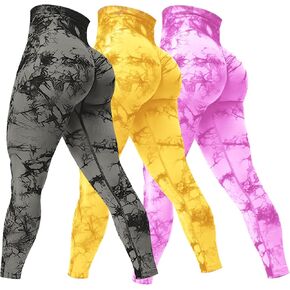 Rugkey Women's 3 Piece Yoga Leggings High Waist Tie Dye Seamless Scrunch Butt Lifting Athletic Booty Pants
