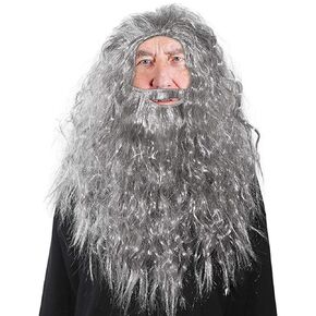 NUMJAW Grey Wizard Beard And Wig,Wizard Costume Accessories - Gan-dalf Beard And Wig,Wizard Staff Costume Beard Wig - Halloween Funny Father Time Costume Accessory for Adults