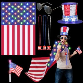 Mindsoft 7 Pieces 4th of July Patriotic Costume Accessory Set American Flag Light up Cape, Retro 80's USA Sunglasses Patriotic Top Hat, American Flag Necklaces Independence Day Theme Party Supplies