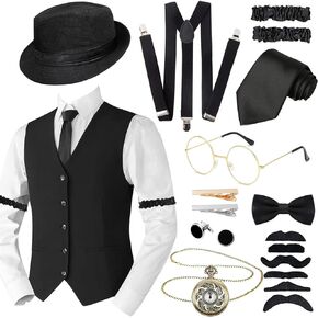 1920s Mens Costume Accessories Set for Adult, Roaring Retro 20s Gatsby Gangster Costume Outfit with Vest Fedora Hat
