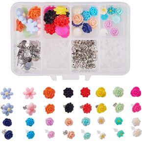 SUNNYCLUE 1 Box DIY 20 Pairs Mixed Resin Flower Flatback Cabochon Studs Earring Kit Resin Rose Daisy Charms with Stainless Steel Post for Jewelry Making Arts Craft Supplies