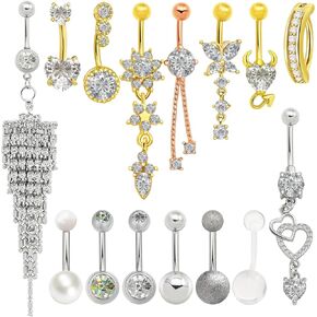 RechicGu 15pcs Surgical Steel Belly Button Rings, 14G Belly Rings Hypoallergenic Stainless Steel Dangling Navel Piercing Belly Button Barbell Barbs Heart Flower Butterfly Body Jewelry for Women