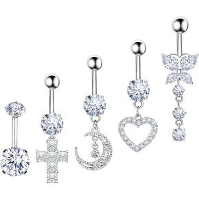 BSJ4U Belly Button Ring Gold Silver Dangle Navel Belly Rings for women 14G Surgical Stainless Steel Hypoallergenic Belly Button Piercing Pack Pink CZ Heart Butterfly Cross Star Moon Dangly Dangling Belly Piercing Jewelry Set