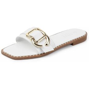 MUSSHOE Flat Sandals for Women Slip On Slides with Gold Buckle Sandals Square Open Toe Comfort