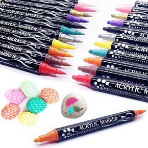 12 Colors Acrylic Paint Pens Markers Dual Tips,Dot Tip and Brush Tip Acrylic Markers for Coloring and Detailing Design for Rock Painting,Wood,Canvas,Stone,Ceramic and Glass Surfaces