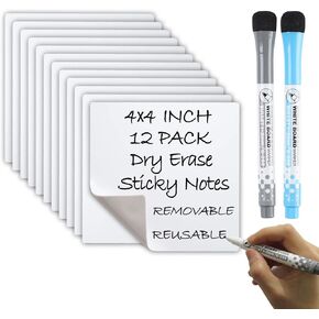 Dry Erase Sticky Notes, Reusable Whiteboard Sticker (4 inch Square 12 Pack), 2 Magnetic fine tip Dry Erase Markers with Eraser, Great for Reminders, Labels, Lists, Eco-Friendly, Recyclable, Washable.