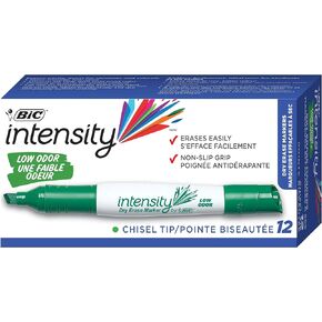 BIC Intensity Low Odor Dry Erase Marker, 12 Pack, Chisel Tip, Tank, Green, Erases Cleanly, Non-Toxic Markers