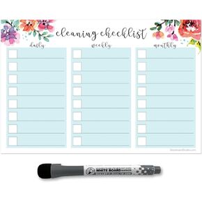 Dry Erase Cleaning Checklist Sticker Decal Planner by Glassboard Studio | Removable & Reusable | Magnetic Fine-Tip Dry Erase Marker Included (9 x 12 inches, White)