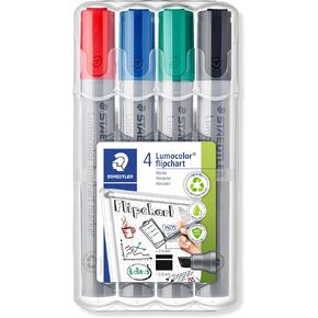 Staedtler Lumocolor Flipchart Marker, Chisel Tip, Water Based, Box of 4 Assorted Colors (Red, Blue, Green, Black), 356 B WP4