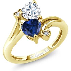 Gem Stone King 18K Yellow Gold Plated Silver Promise Customized Personalized and Engraving 2 Gemstone Birthstone For Her Heart Shape Name Engraved Engagement Ring For Women