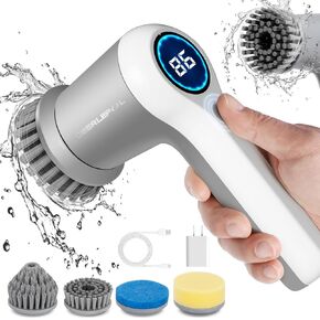 Electric Spin Scrubber - Shower Scrubber Power Scrubber for Cleaning Portable Handheld Scrub Brushes with 4 Replaceable Heads for Bathroom Tile Floor Kitchen Stove, LED Display