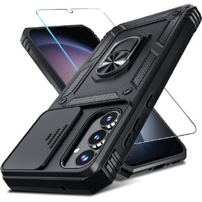 Janmitta Compatible with Samsung Galaxy A35 5G Case Built in Slide Camera Lens Cover+Screen Protector+Finger Ring Holder Kickstand,Heavy Duty Shockproof Full Body Phone Cover,2024 Black