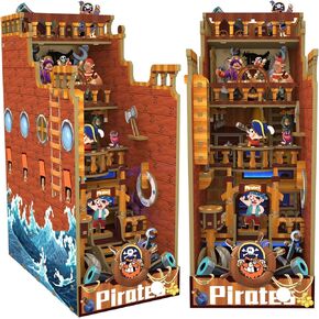 DIY Book Nook Kit Dollhouse Booknook Bookshelf Insert Decor Book Nook Miniature Kit with LED Light DIY Wood Bookends Model Build-Creativity Kit for Adult Kids (The Pirates)