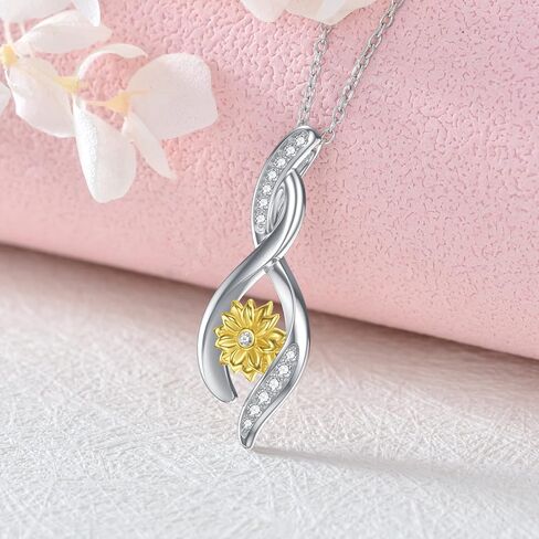 Sunflower Dimonds Necklace for Women, You Are My Sunshine, Natural Dimonds Sterling Silver Infinity Sunflower Pendant Jewelry Gift for Her Wife, Mom, Girls, 18"+2" in Saudi Arabia