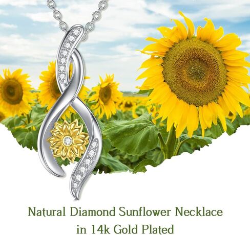 Sunflower Dimonds Necklace for Women, You Are My Sunshine, Natural Dimonds Sterling Silver Infinity Sunflower Pendant Jewelry Gift for Her Wife, Mom, Girls, 18"+2" in Saudi Arabia