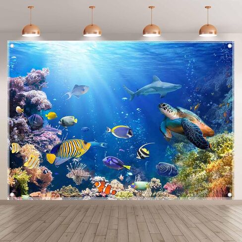 7x5ft Under The Sea Photography Backdrop Ocean Background | Underwater World, Baby Shower Party Supplies, Aquarium Coral Banner, Birthday Photo Booth, Polyester, Grommets, 1PC in Saudi Arabia